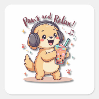 Pegatina Cuadrada Kawaii Golden Retriever bailando con audífonos
