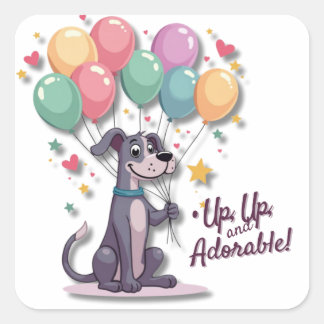 Pegatina Cuadrada Kawaii Great Dane Pup con globos