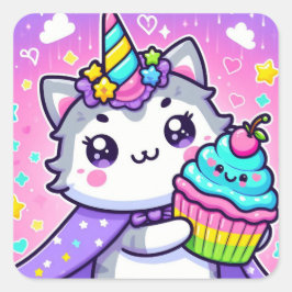 Pegatina Cuadrada Kawaii Kitty Con Cumpleaños De La Ocupación