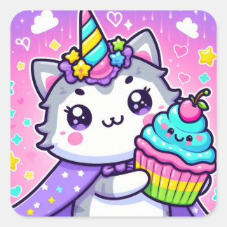 Pegatina Cuadrada Kawaii Kitty Con Cumpleaños De La Ocupación