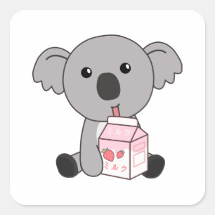 Pegatina Cuadrada Kawaii Koala retro Milkshake japonesa de fresa