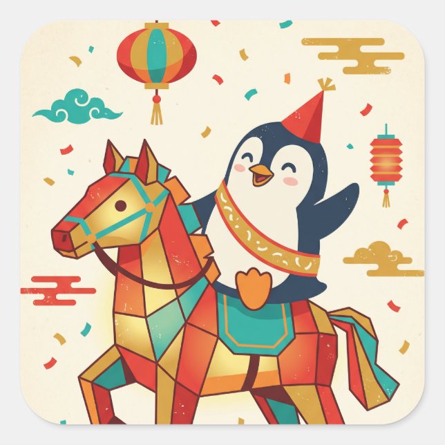 Pegatina Cuadrada Kawaii Lunar Parade | Year of the Horse (Anverso)