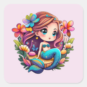 Pegatina Cuadrada Kawaii Mermaid