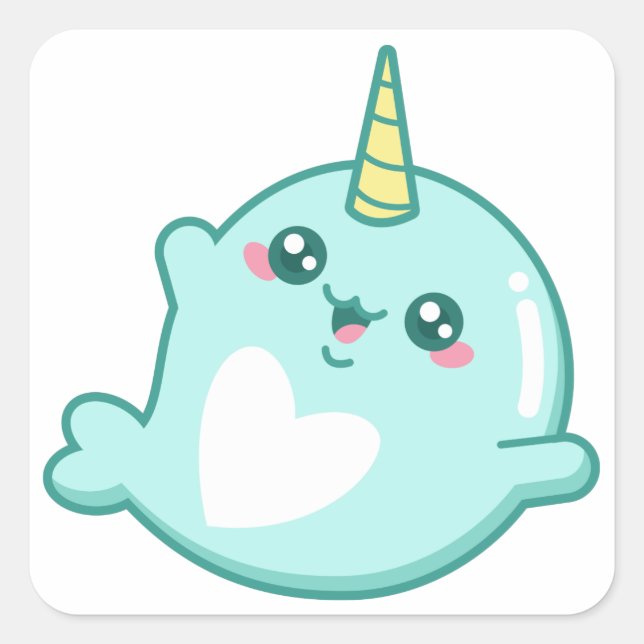 Pegatina Cuadrada Kawaii Narwhal (Anverso)