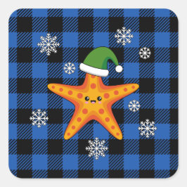 Pegatina Cuadrada Kawaii Navidad Starfish en patrón de búfalo azul