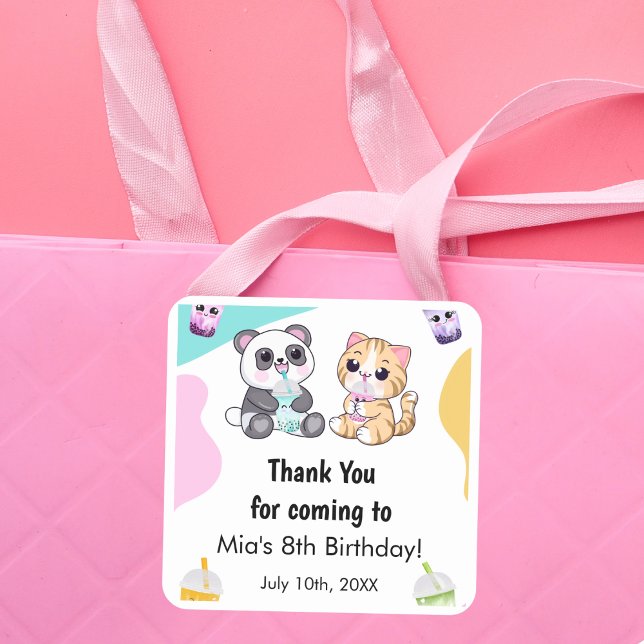 Pegatina Cuadrada Kawaii Panda y Tiger Bubble Tea Kids Cumpleaños (Subido por el creador)