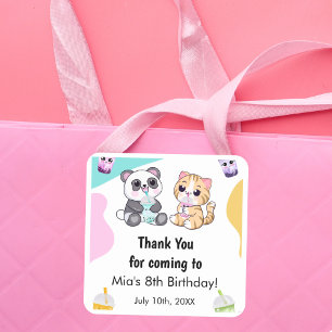 Pegatina Cuadrada Kawaii Panda y Tigre Bubble Tea Cumpleaños Infanti