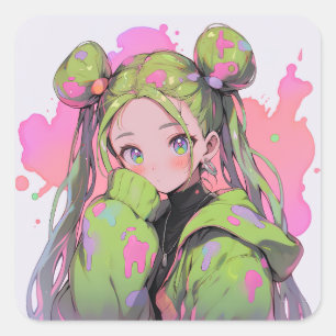 Pegatina Cuadrada Kawaii Pastel Splatter Anime Chica