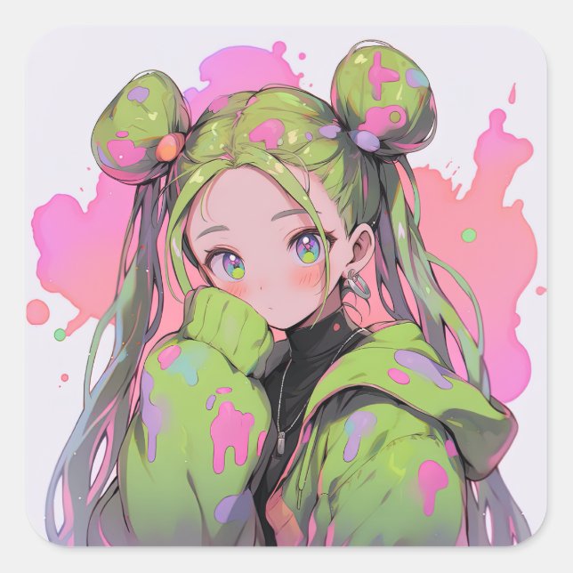 Pegatina Cuadrada Kawaii Pastel Splatter Anime Chica (Anverso)