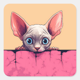 Pegatina Cuadrada Kawaii Peeking Cute Sphynx Cat