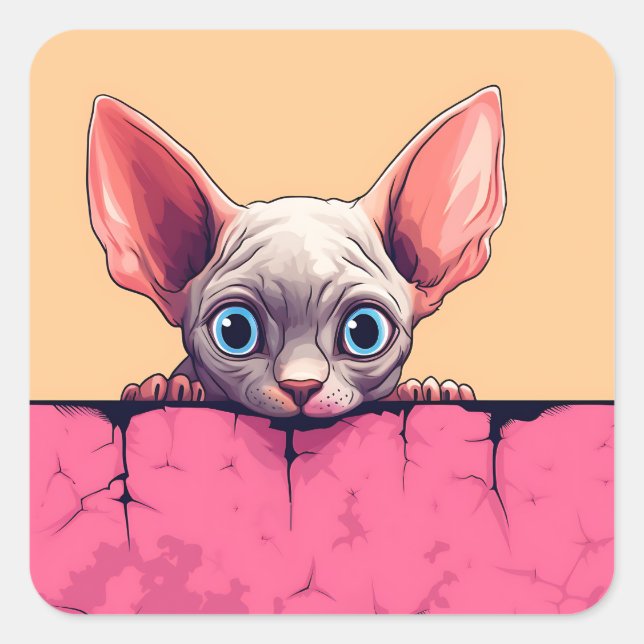 Pegatina Cuadrada Kawaii Peeking Cute Sphynx Cat (Anverso)