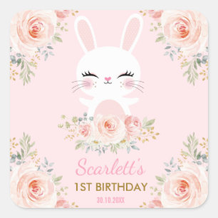 Pegatina Cuadrada Kawaii Pink Gold Bunny Party Favorita