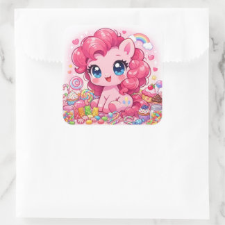 Pegatina Cuadrada Kawaii Pink Pony Chibi Art – Sweet Candy & Cupcake
