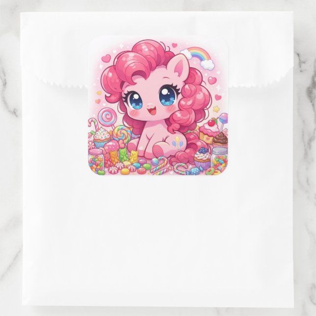 Pegatina Cuadrada Kawaii Pink Pony Chibi Art – Sweet Candy & Cupcake (Bolso)