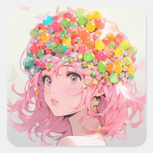 Pegatina Cuadrada Kawaii Rainbow Pastel Candy Mushroom Anime Chica (Anverso)