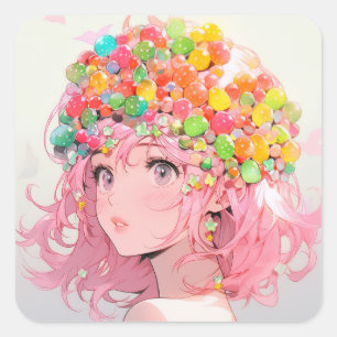 Pegatina Cuadrada Kawaii Rainbow Pastel Candy Mushroom Anime Chica