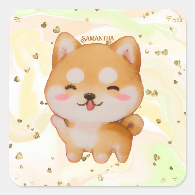 Pegatina Cuadrada Kawaii Sonriente Shiba Inu al estilo Personalizado (Anverso)
