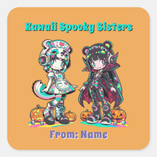 Pegatina Cuadrada Kawaii Spooky Sisters Anime Chibi Orange Halloween