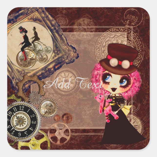 Pegatina Cuadrada Kawaii Steampunk PinkyP (Anverso)