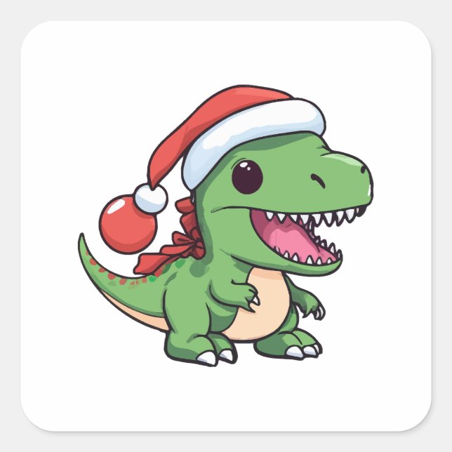 Pegatina Cuadrada Kawaii T-Rex Dinosaur en Gorra de Navidades (Anverso)