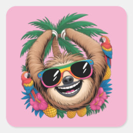 Pegatina Cuadrada Kawaii Tropical Sloth – Cute Summer Vibes Rainbow 