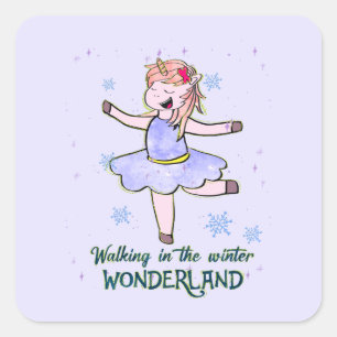 Pegatina Cuadrada Kawaii Unicorn   Caminar durante el invierno
