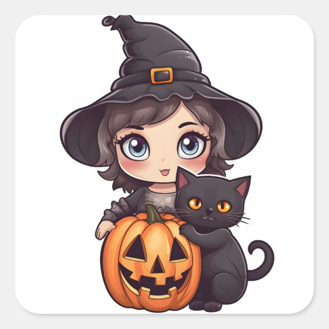 Pegatina Cuadrada Kawaii Witch Chica (Anverso)