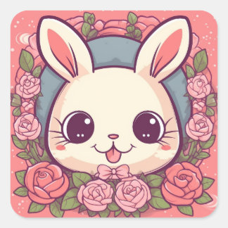 Pegatina Cuadrada Kawaii Yellow Sweet Bunny Birthday Party