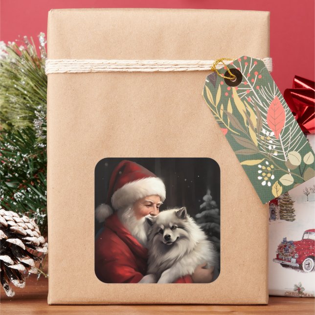 Pegatina Cuadrada Keeshond Con Santa Claus Navideño (Vacaciones)