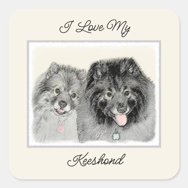 Pegatina Cuadrada Keeshond Graphics Keeshond Mom and Son (Anverso)