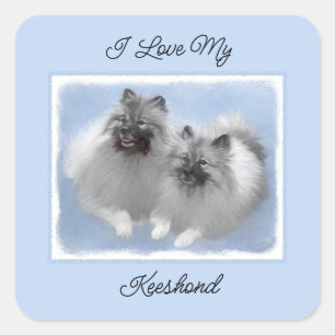 Pegatina Cuadrada Keeshond Pair de Kees pintura animal original