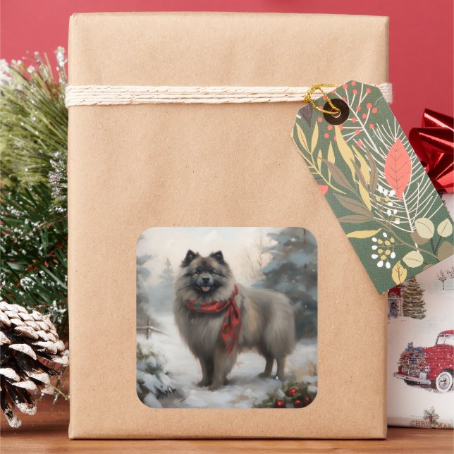 Pegatina Cuadrada Keeshond Perro en Navidad con Nieve (Vacaciones)