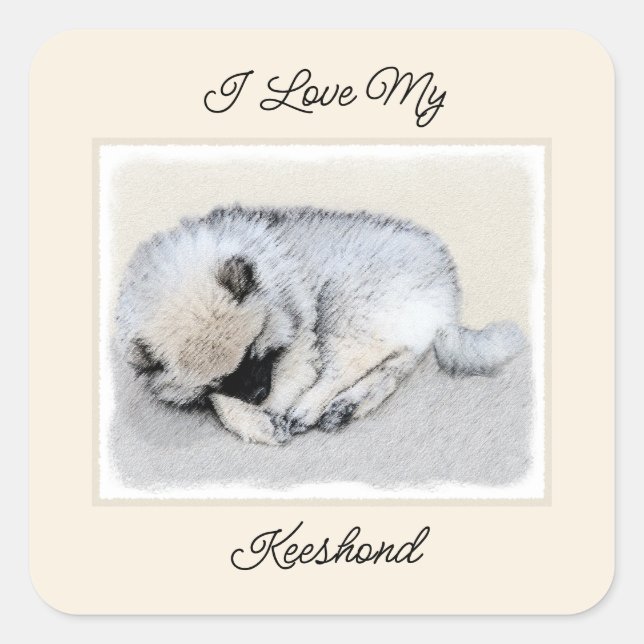 Pegatina Cuadrada Keeshond Sleeping Pinting Pintura Original De Perr (Anverso)