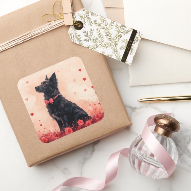 Pegatina Cuadrada Kelpie australiano con Rosas - El día de San Valen (Regalar)