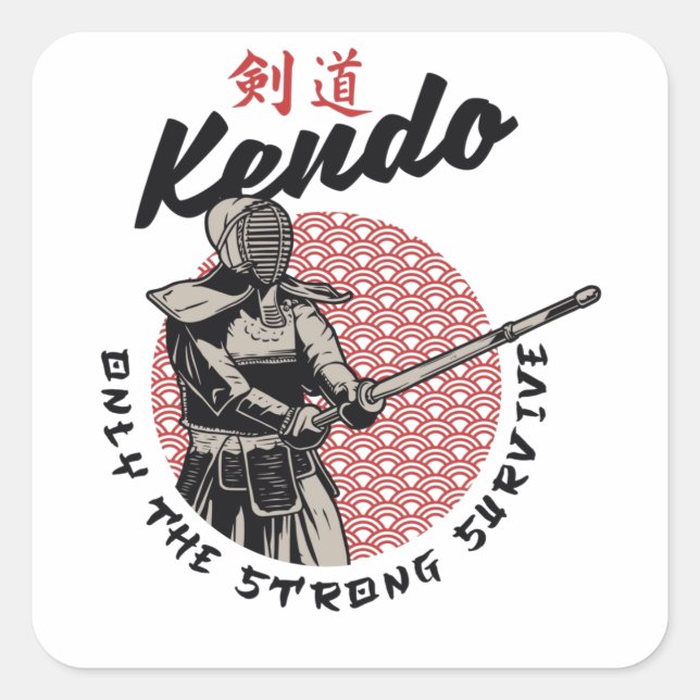 Pegatina Cuadrada Kendo japonés retro - Sólo sobreviven los fuertes (Anverso)