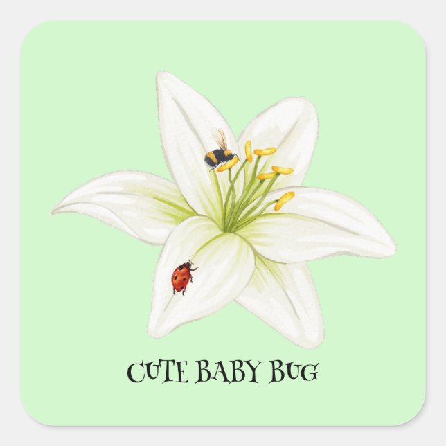 Pegatina Cuadrada Kids Cute acuarela ladybug Bee on lily Flower (Anverso)