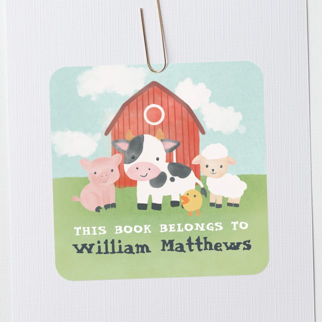 Pegatina Cuadrada Kids Cute Farm Animal School Library Bookplate (Subido por el creador)