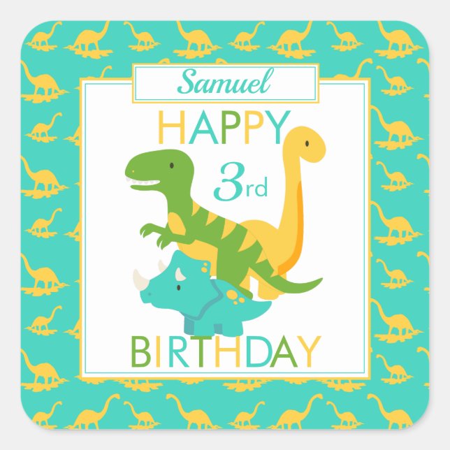 Pegatina Cuadrada Kids Dinosaur 3er cumpleaños Azul (Anverso)