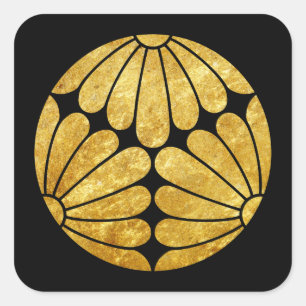 Pegatina Cuadrada Kiku Chrysanthemum Mon faux gold sobre el negro