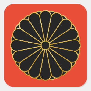 Pegatina Cuadrada Kiku Chrysanthemum Mon gold black en rojo