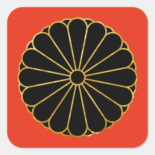 Pegatina Cuadrada Kiku Chrysanthemum Mon gold black en rojo (Anverso)