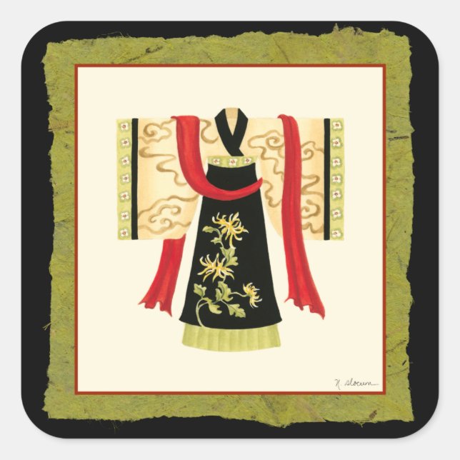 Pegatina Cuadrada Kimono japonés tradicional con impresión floral (Anverso)