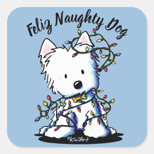 Pegatina Cuadrada KiniArt Delighted Westie (Anverso)