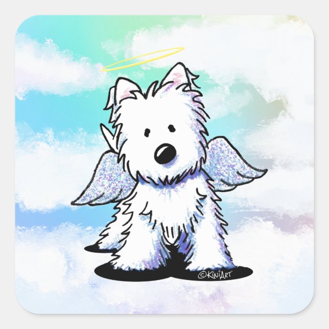 Pegatina Cuadrada KiniArt Westie Angel Rainbow (Anverso)