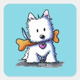 Pegatina Cuadrada KiniArt Westie con óseo