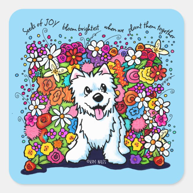 Pegatina Cuadrada KiniArt Westie Joyful Garden (Anverso)