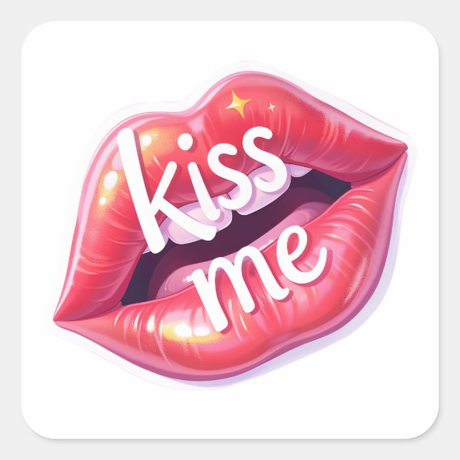 Pegatina Cuadrada Kiss Me Glossy Red Lips Art Illustration (Anverso)