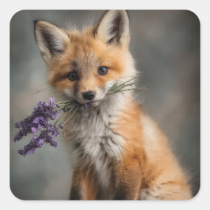 Pegatina Cuadrada Kit de Fox Adorable Holding Flores de Lavanda