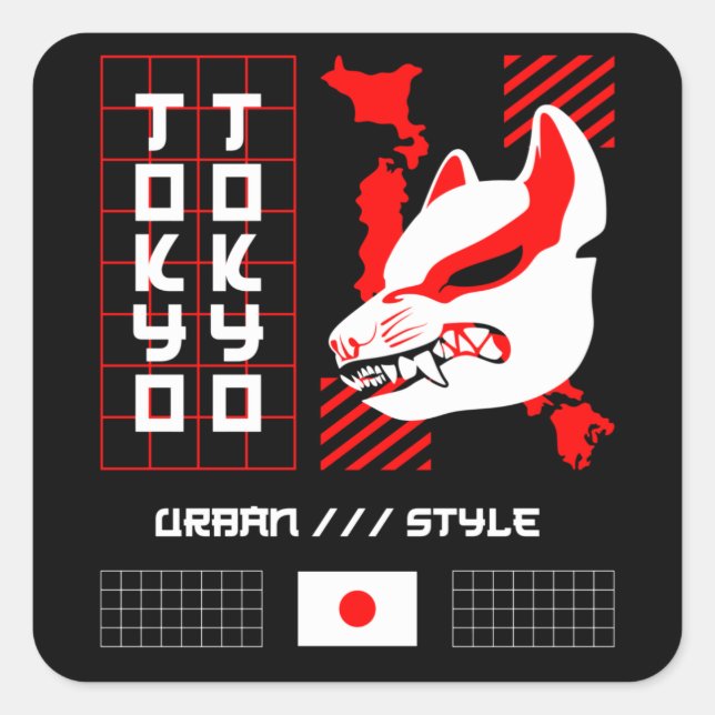 Pegatina Cuadrada Kitsune Fox Tokyo City (Anverso)