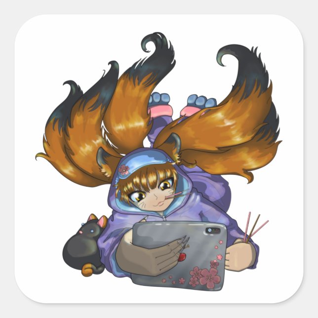 Pegatina Cuadrada Kitsune Life (Anverso)